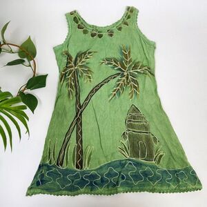 Vintage Children's Green Sleeveless Boho Beachy Dress Embroidered Dress / Medium